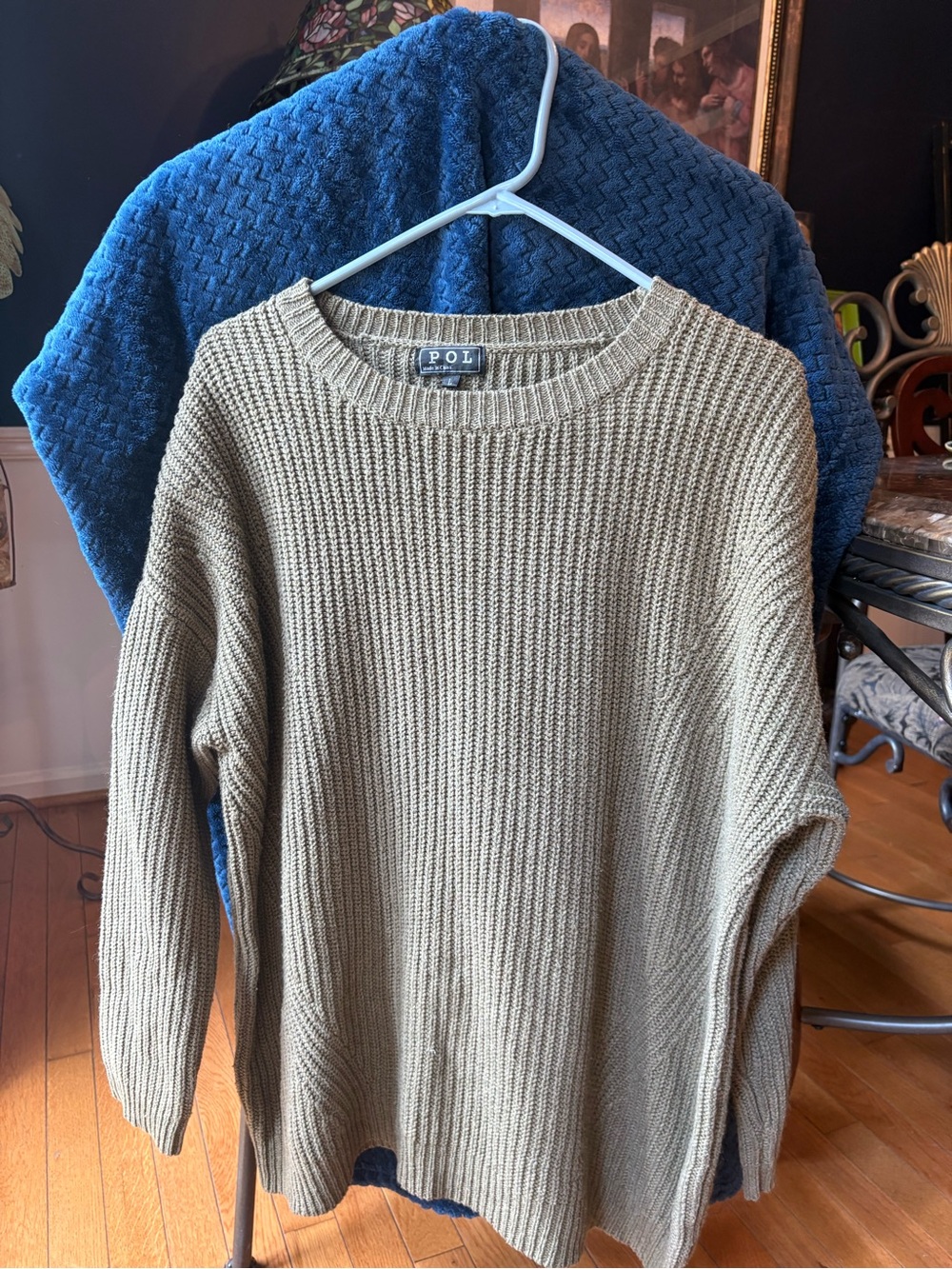 POL Women’s Large Taupe Chunky Knit Oversized Crewneck Sweater Boho Slouchy
